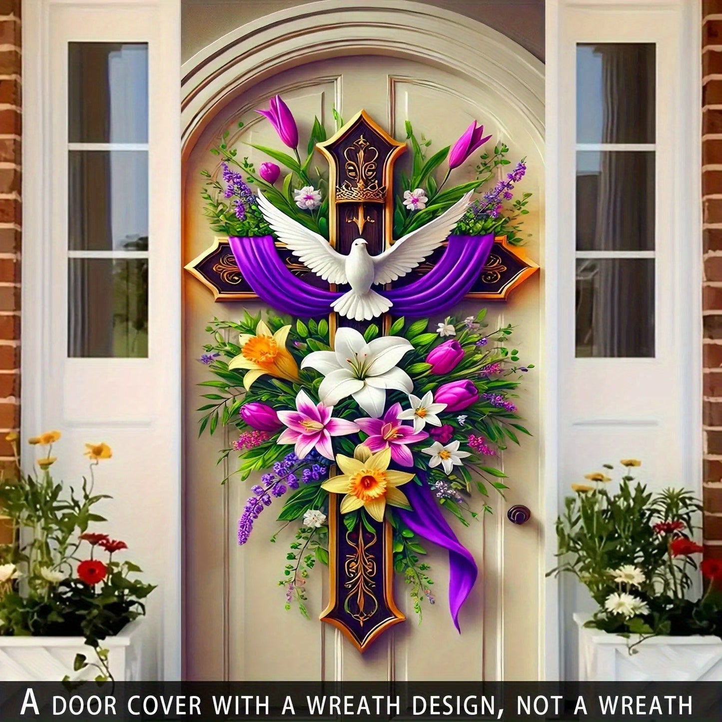 Easter Door Curtain Decoration 35.4x70.8 Inch, Colorful Spring Door Hanging with Dove Floral Cross Pattern