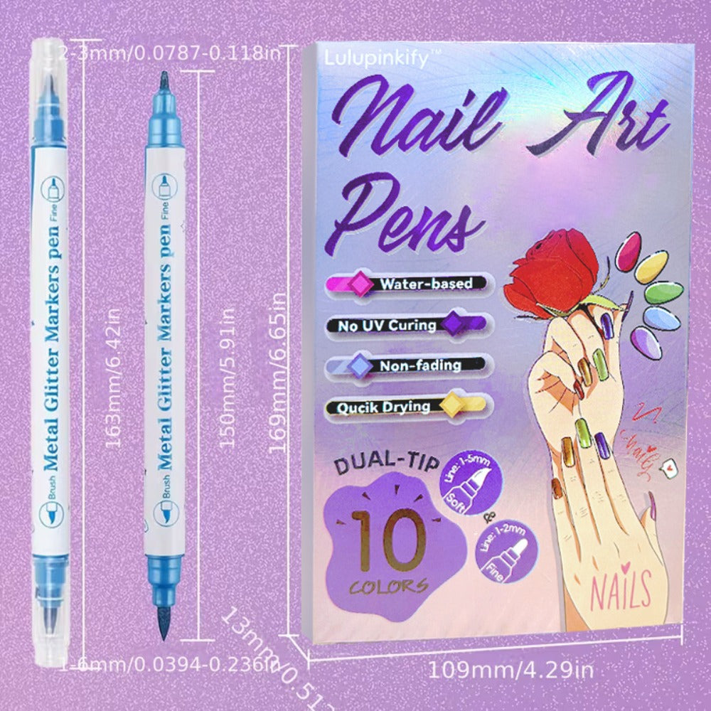 Nail Art Pens Set 10 Metallic Colors with 12pcs Nail Stickers – Dual-Headed 3D Acrylic Polish Markers for Doodle Dot Line Stitching Graffiti