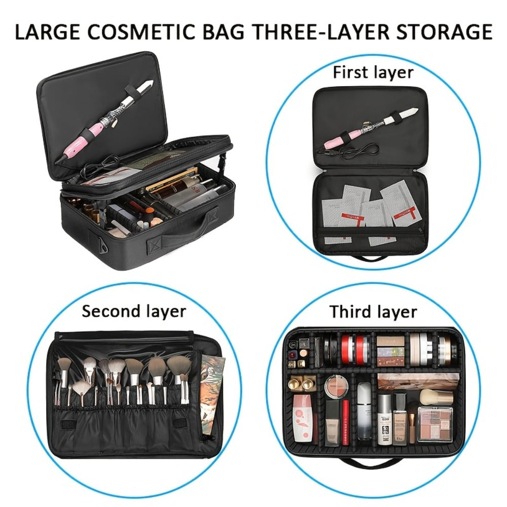 Black 15.8-Inch Soft Makeup Train Case with Three-Layer Interior, Brush Panel and Shoulder Strap
