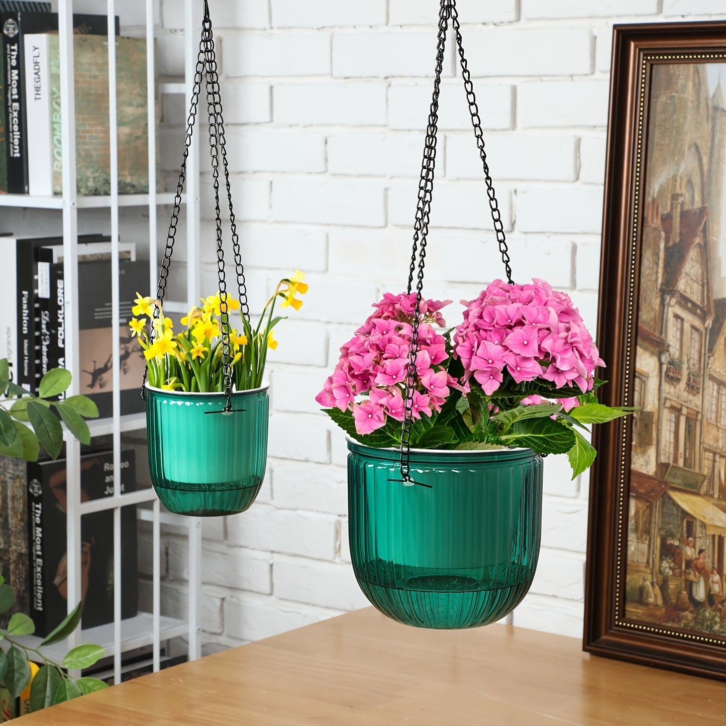 Self Watering Hanging Planters Set of 4 – 6.5" & 4.5" Hanging Flower Pots with 3 Hooks & Drainage Holes for Indoor Outdoor Home Garden
