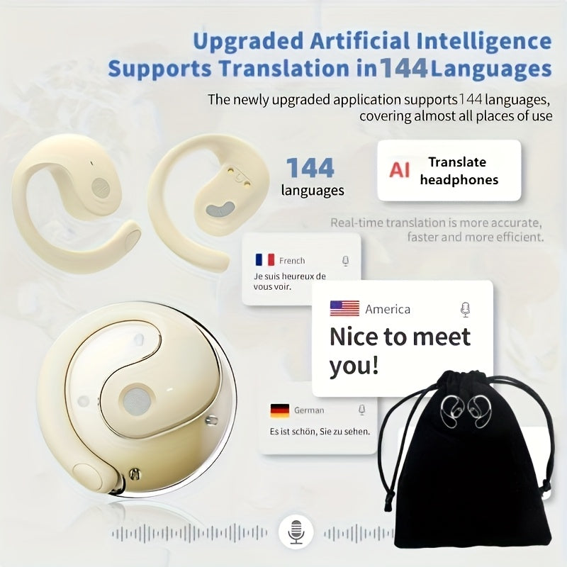 144-Language AI Real-Time Translation Earbuds, Two-Way Interpreter Earphones USB & Battery Rechargeable with Carrying Pouch