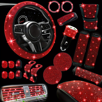 30-Piece Bling Car Interior Accessories Set with 15-Inch Steering Wheel Cover, Seat Belt Pads and Trim