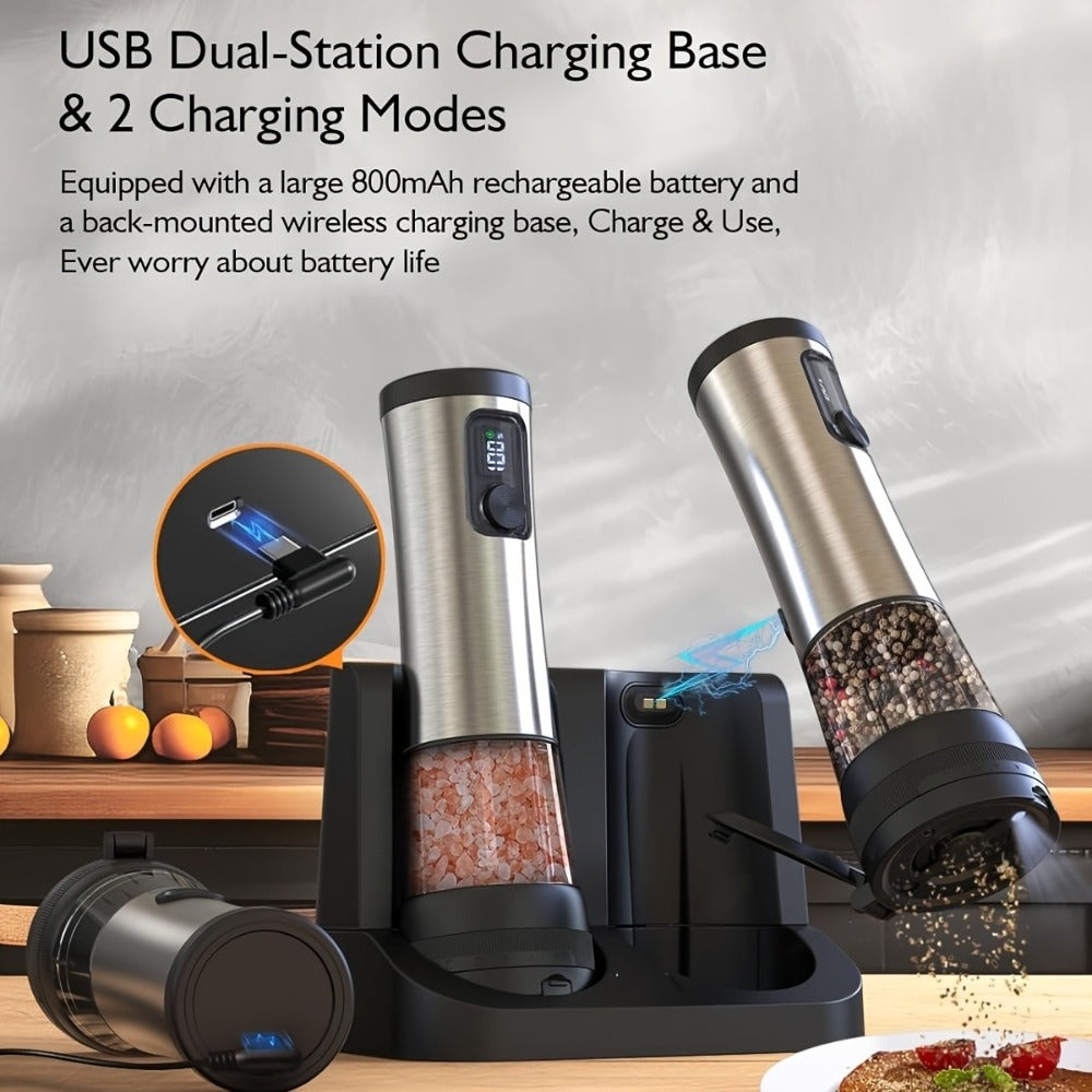 Electric Salt and Pepper Grinder Set Rechargeable USB Large with Base Adjustable Coarseness LED Display Kitchen Gift Silver Black