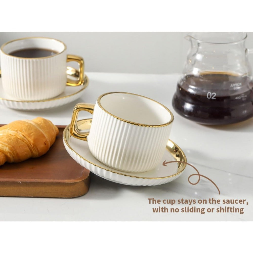 Ceramic Cappuccino Cups with Saucers Set of 6 – 8oz Coffee Mugs with Golden Trim, Latte Art Cups for Espresso Mocha