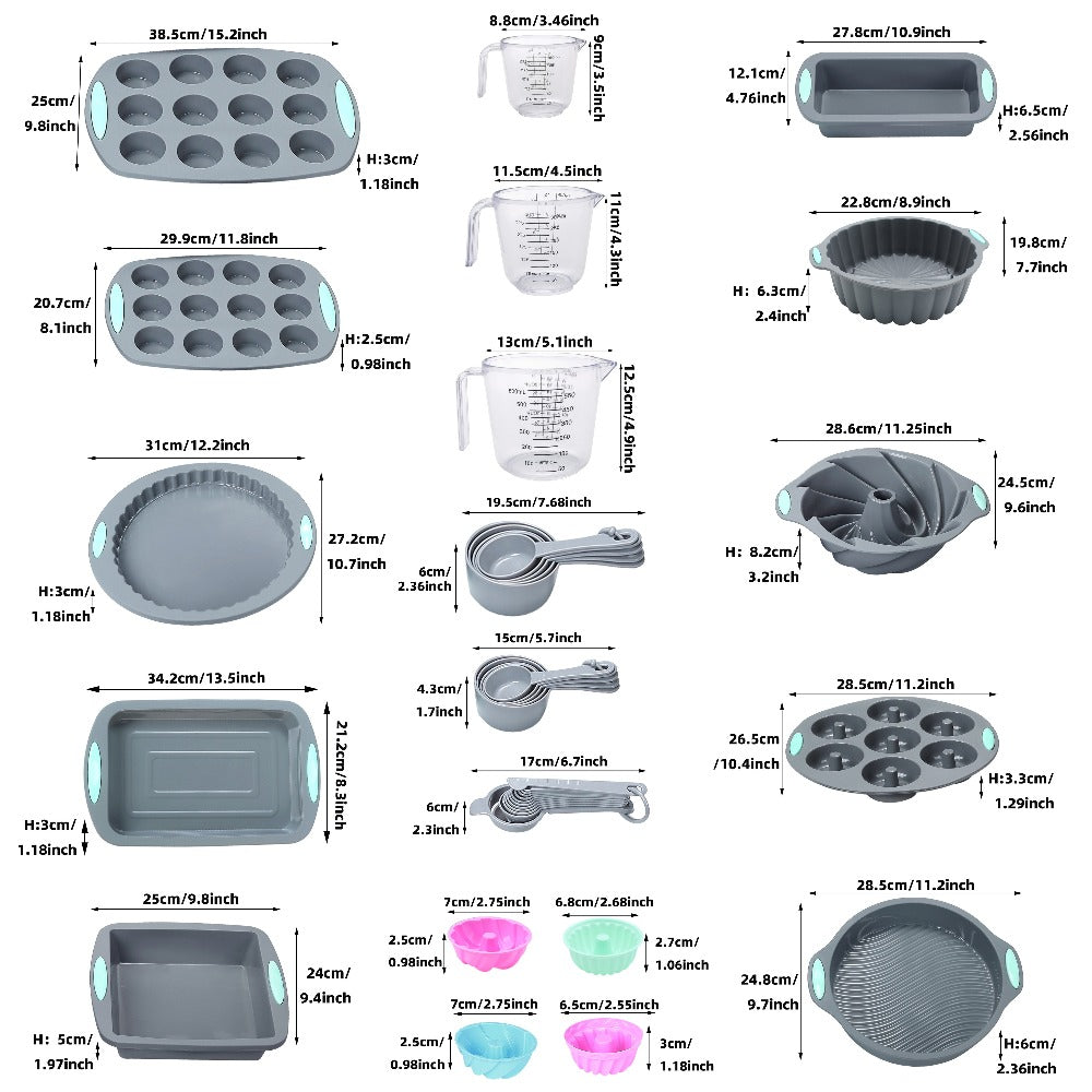 Silicone Bakeware Set with Cake Molds, Muffin Pan, Donut Pan, Baking Sheet, Baking Cups & Measuring Cups Spoons