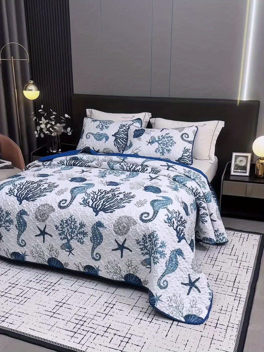 Duvet Cover Set 3 Piece Ocean Style Seahorse Coral Pattern Soft Breathable Microfiber Bedding Set with 2 Pillowcases Machine Washable