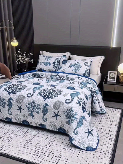 Duvet Cover Set 3 Piece Ocean Style Seahorse Coral Pattern Soft Breathable Microfiber Bedding Set with 2 Pillowcases Machine Washable