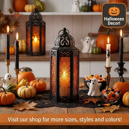 Moroccan Candle Lantern Holder - Decorative Metal & Glass Lantern with Embossed Floral Design for Indoor Home Decor