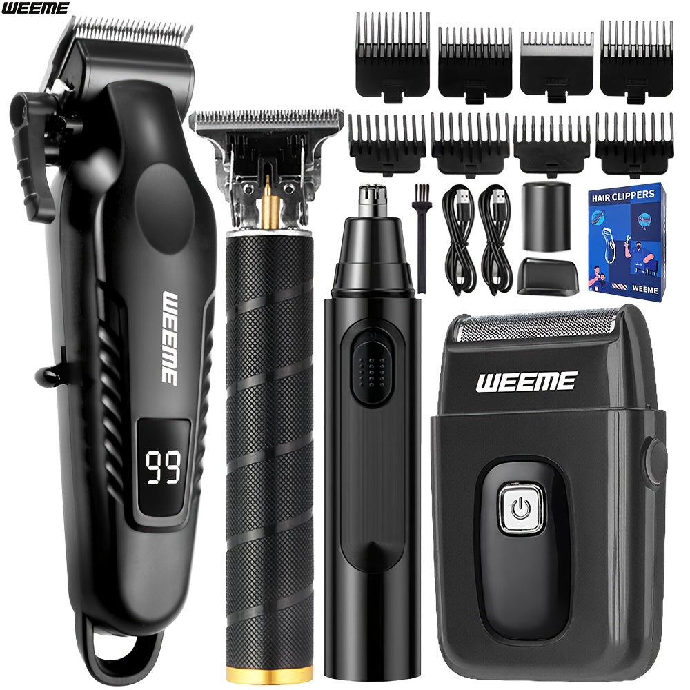 Zinc Alloy Men's Grooming Kit – USB Rechargeable Hair Clipper, Nose Trimmer, Electric Shaver & Detail Trimmer Set, 3500mAh Battery