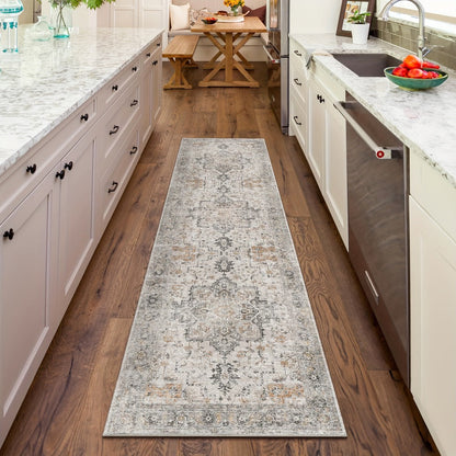 Runner Rug Machine Washable Non-Slip Vintage Hallway Area Rug Low Pile Lightweight Boho Floral for Entryway Kitchen Corridor Light Taupe