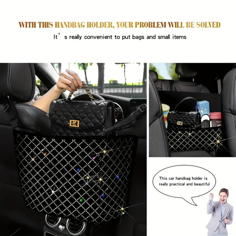 Rhinestone Car Seat Back Purse Holder and Mesh Barrier in Six Crystal Color Checkouts for Cars and SUVs