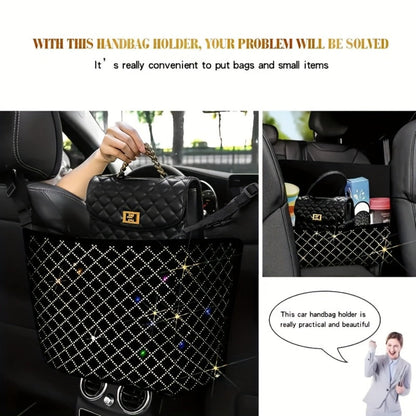 Rhinestone Car Seat Back Purse Holder and Mesh Barrier in Six Crystal Color Checkouts for Cars and SUVs