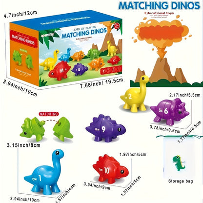 Dinosaur Number Matching Toy for Toddlers, 10 Pairs Retractable Plug-In Counting Sorting Math Game with Storage Bag