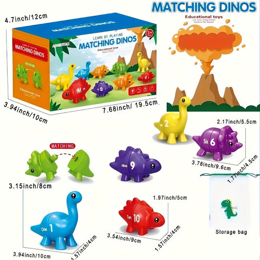 Dinosaur Number Matching Toy for Toddlers, 10 Pairs Retractable Plug-In Counting Sorting Math Game with Storage Bag