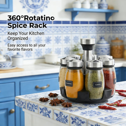 Glass Spice Jar Set with Rotating Rack, Airtight Kitchen Spice Organizer with 360° Stainless Steel Stand
