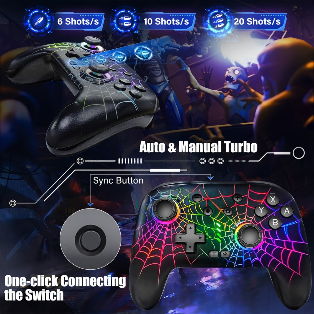 RGB Wireless Gaming Controller in Black with Spiderweb Shell, Back Buttons and USB-C Charging for Switch Systems