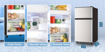 Small Fridge with Freezer, 2-Door Compact Refrigerator with 7-Level Adjustable Thermostat, Removable Shelves & Basket