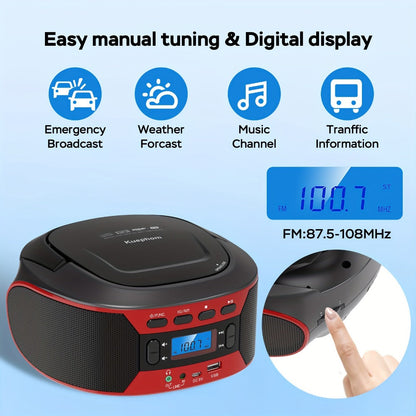 Bluetooth CD Player Boombox with FM Radio, Portable CD Boombox with AUX USB Playback, Earphone Jack