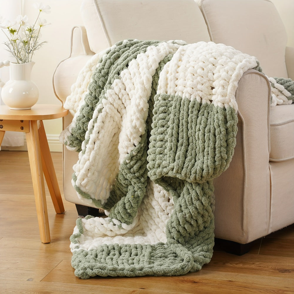 Chunky Chenille Cable Knit Throw Blanket, 350-400gsm Crochet Throw for Sofa, Bed & Couch, Vintage Patchwork