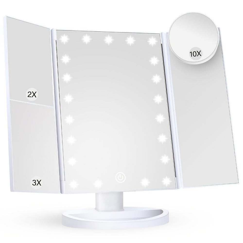 LED Tri-Fold Makeup Mirror with Touch Screen, 1X/2X/3X/10X Magnifying Vanity Mirror, Flexible Adjustable Base