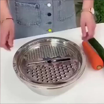 Stainless Steel 3-in-1 Kitchen Prep Set with Mixing Bowl Built-In Grinder Multi-Layer Slicer for Home Cooking, Dining and Outdoor Meals