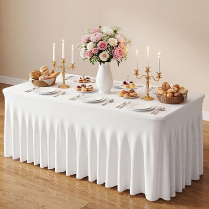 Pleated Rectangle Table Skirts in Black or White with One-, Two- or Four-Piece and Four-Foot Options