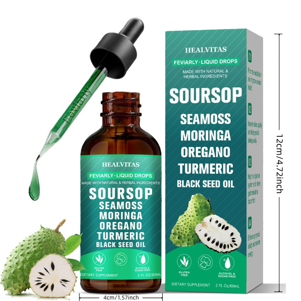 Soursop Bitters Liquid Supplement 2oz 10-in-1 with Seaweed Moringa Turmeric Black Seed Oil & Oregano Herbal Extracts