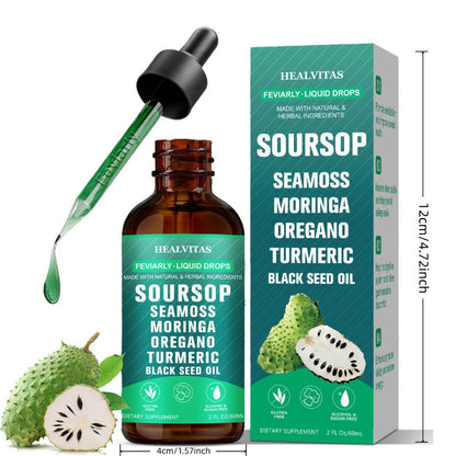Soursop Bitters Liquid Supplement 2oz 10-in-1 with Seaweed Moringa Turmeric Black Seed Oil & Oregano Herbal Extracts