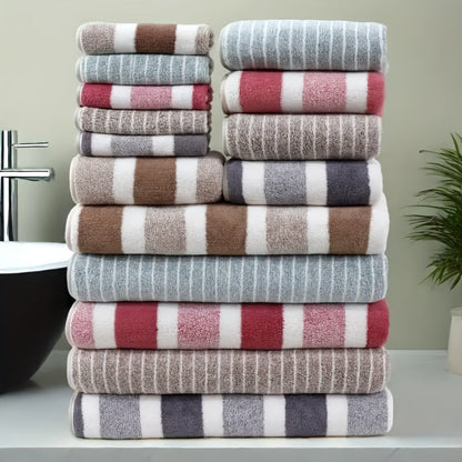 Towel Set 9 or 15 Piece 320GSM Coral Fleece Striped Mix in Five Solid or Mixed Colors for Home and Guest Use