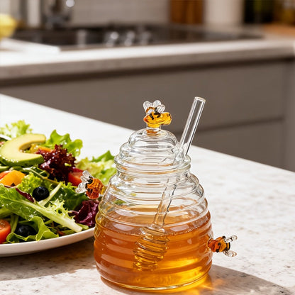 480ml Beehive-Shaped Glass Storage Jar with Honeycomb Accents, Matching Lid and Spiral-Ended Stirrer