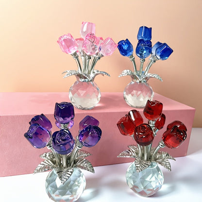 Glass Rose Sculpture Floral Home Decor – Sparkling Leaves Art Figurine for Bedroom, Living Room, Valentine's Day Gift