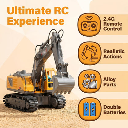 RC Excavator 1:20 Scale 2.4G 11CH, Alloy Remote Control Construction Toy with 680° Rotation & Working Arm