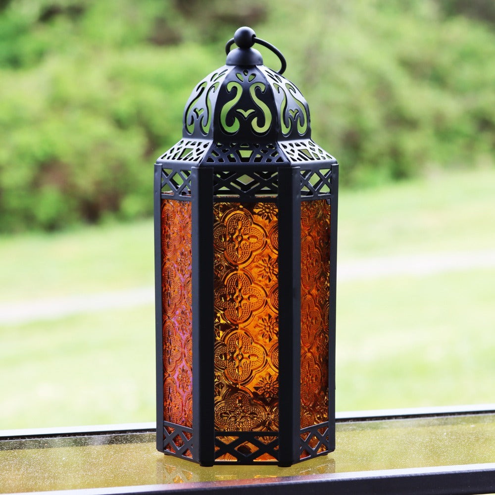 Moroccan Candle Lantern Holder - Decorative Metal & Glass Lantern with Embossed Floral Design for Indoor Home Decor