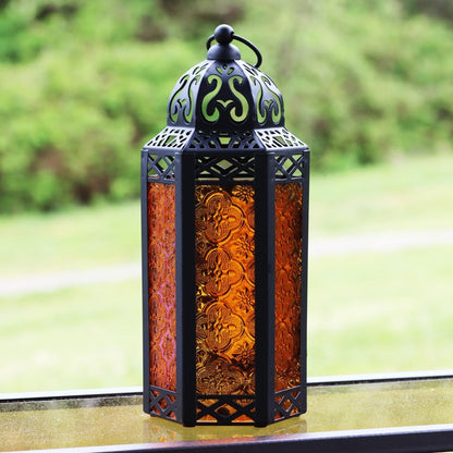 Moroccan Candle Lantern Holder - Decorative Metal & Glass Lantern with Embossed Floral Design for Indoor Home Decor