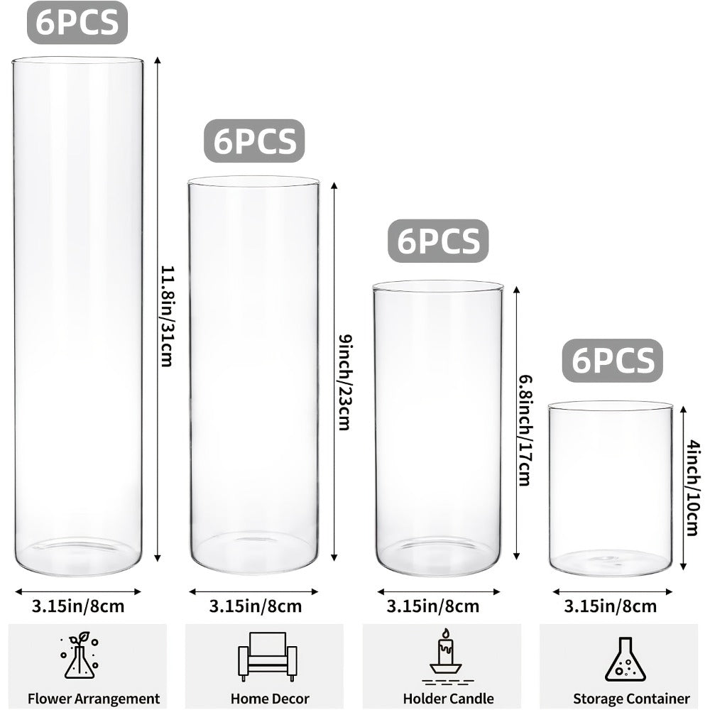 Glass Cylinder Vases Set 12 or 24pcs Clear Tall Flower Vase Candle Holder 4 Sizes for Wedding for Entryways, Bedrooms and Living Spaces