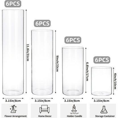 Glass Cylinder Vases Set 12 or 24pcs Clear Tall Flower Vase Candle Holder 4 Sizes for Wedding for Entryways, Bedrooms and Living Spaces