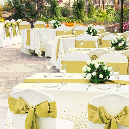 Disposable Tablecloth & Table Runner Set 10 Pack White Gold – Plastic Party Table Covers for Wedding Birthday Graduation Anniversary Baby