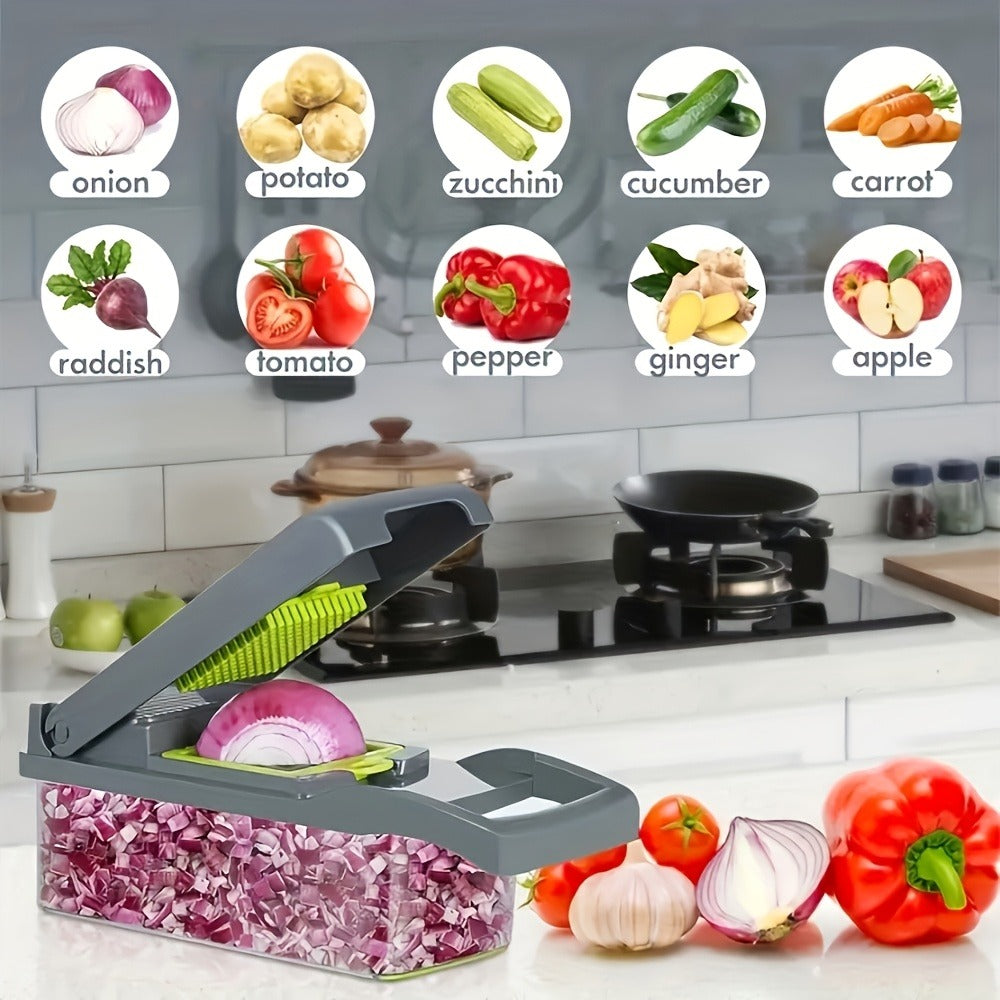 16-in-1 Vegetable Chopper Set with 8 Interchangeable Blades, Manual Food Chopper with Container, Peeler & Filter for Onion