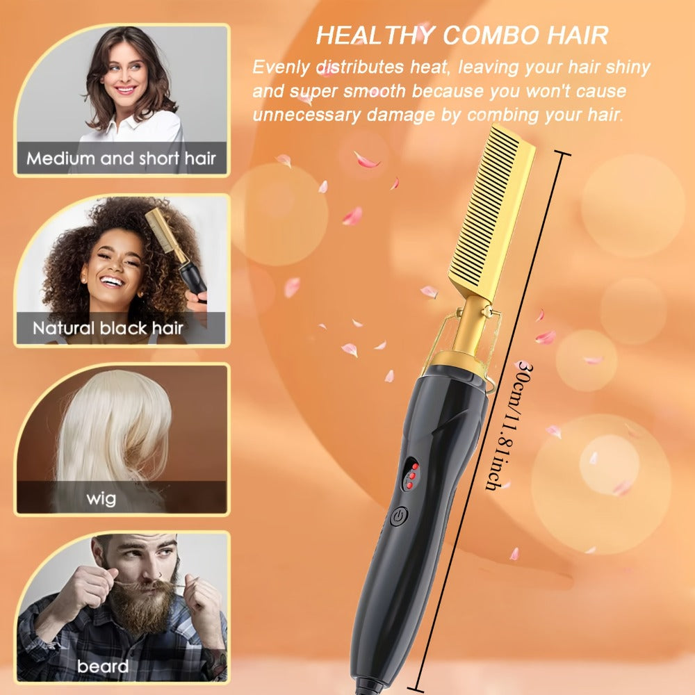 Electric Press-Comb Hair Straightener in Pink, Gold, Black, Gradient or Avocado Green with Corded Handle