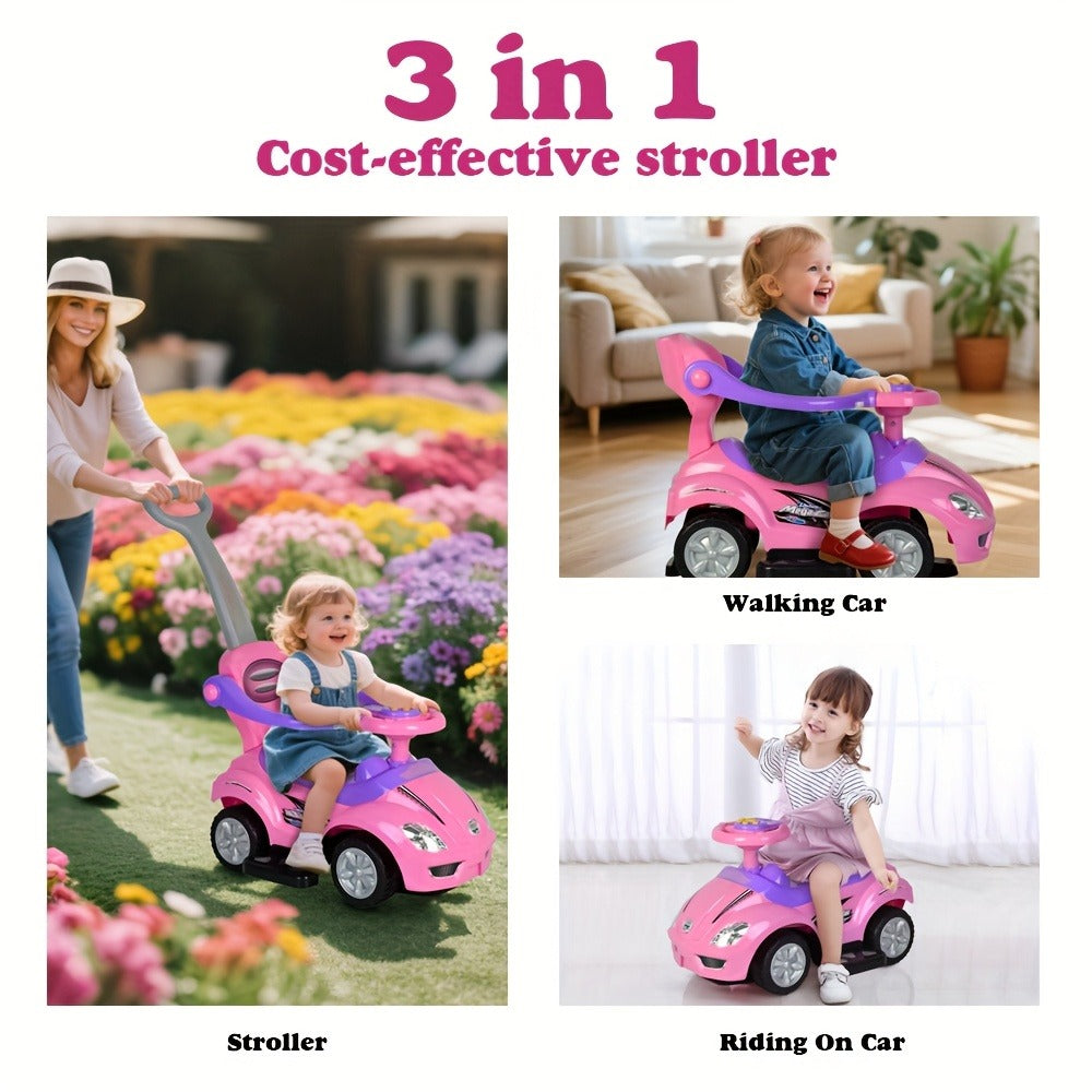 3-in-1 Toddler Push Ride & Walker Car, Baby Ride-On Toy with Guardrail, Music & Under-Seat Storage for Ages 18-36 Months