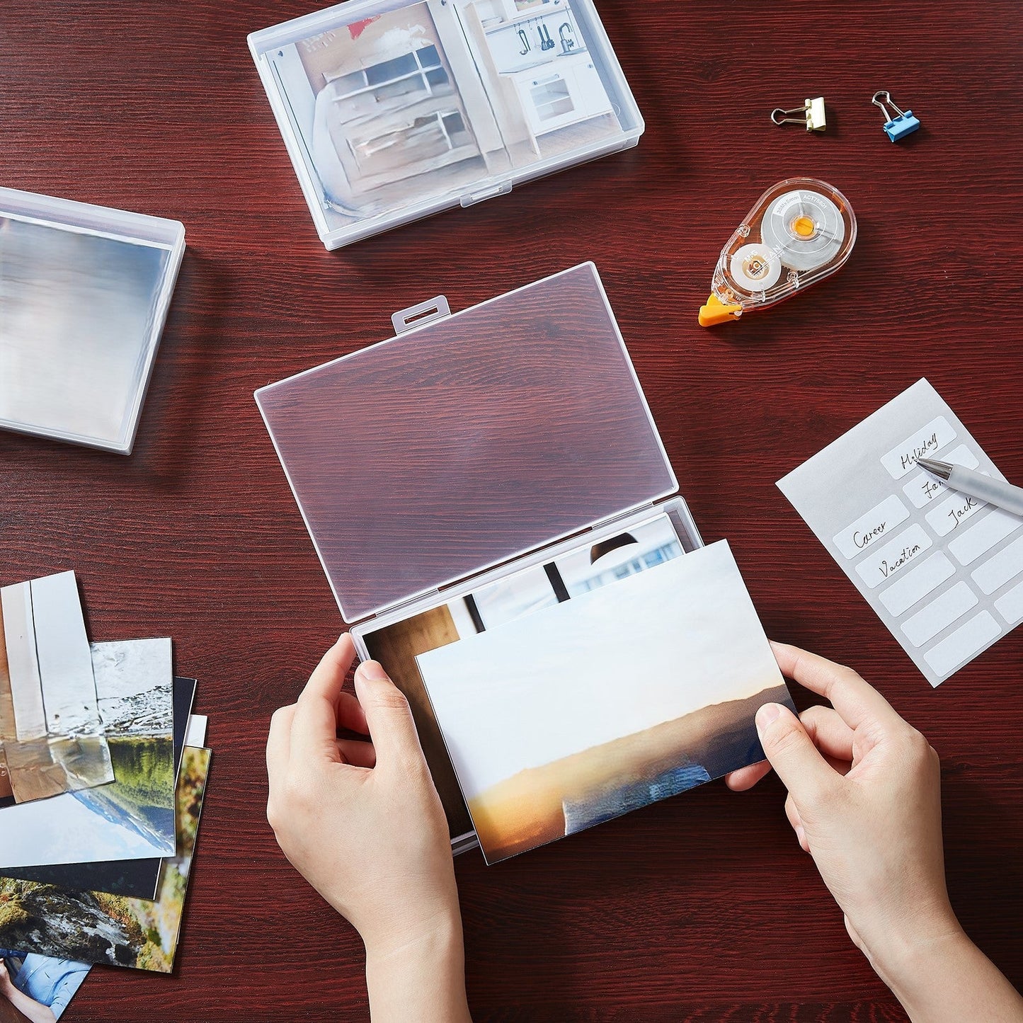 4x6 Photo Storage Box with 14 Inner Photo Keeper Cases Holds 1400 Photos Clear Plastic Photo Organizer with Lids Label Stickers BPA-Free