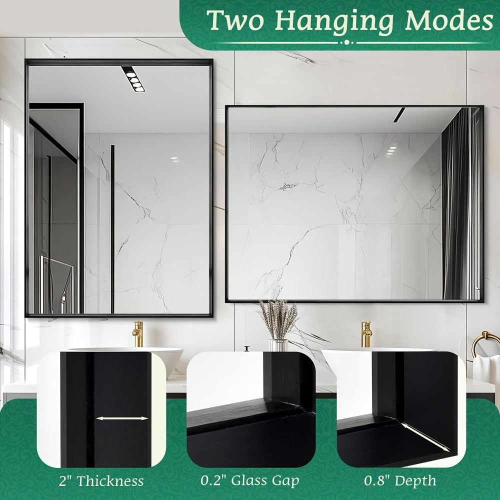 Rectangular Metal-Frame Bathroom Mirror in Black, Gold or Silver with Six Sizes and Dual Orientation