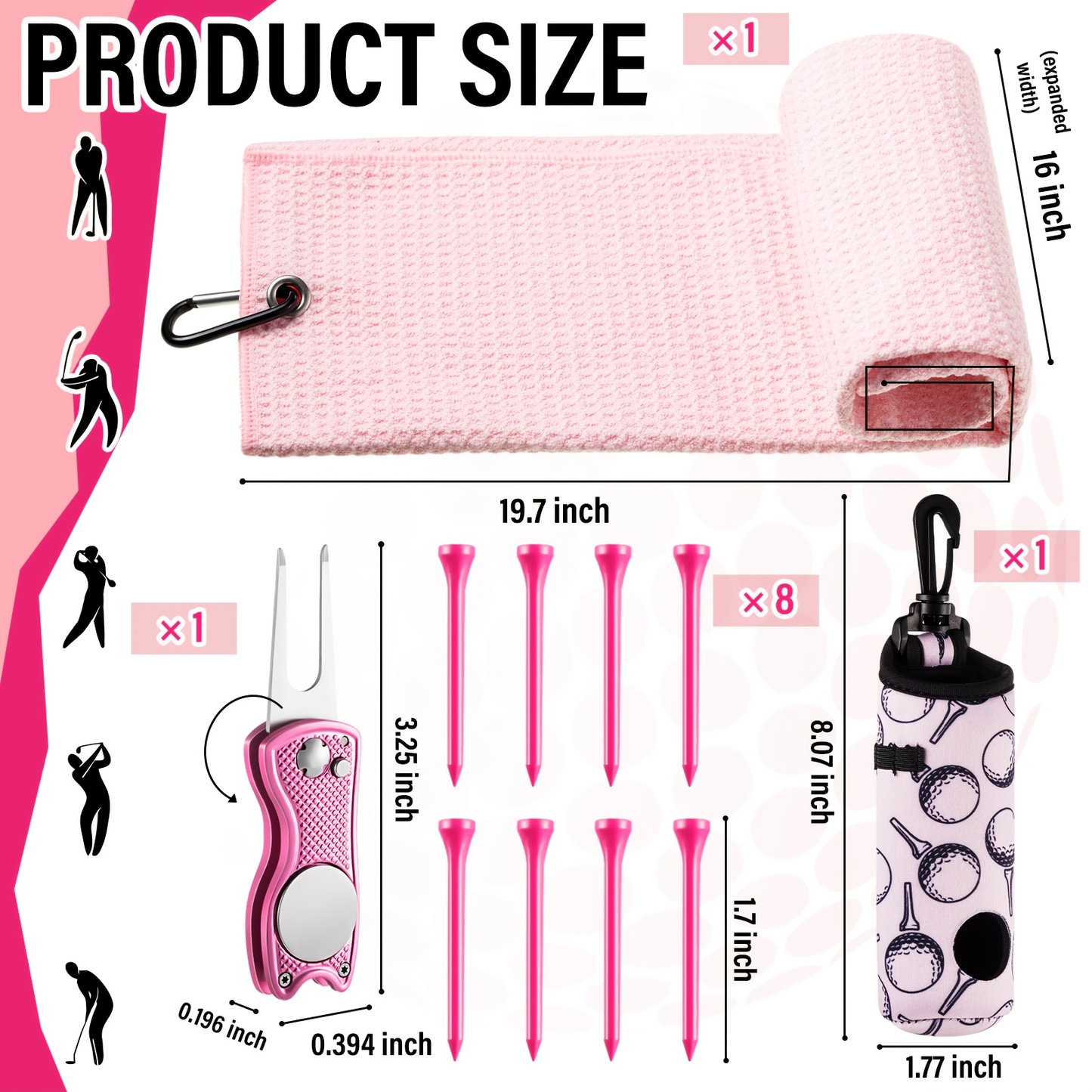 12-Piece Pink Golf Accessory Set with Towel, Eight Tees, Brush, Retractable Clip and Divot Tool with Ball Marker