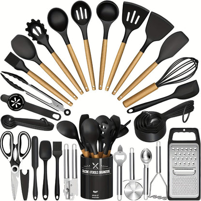 Silicone Kitchen Utensils Set 34-Piece with Holder, Heat Resistant Cooking Spatula Tools for Nonstick Cookware