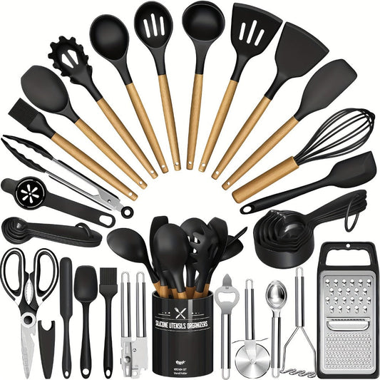 Silicone Kitchen Utensils Set 34-Piece with Holder, Heat Resistant Cooking Spatula Tools for Nonstick Cookware
