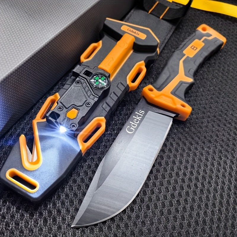 Fixed Blade Outdoor Camping Knife 9.64 Inch Stainless Steel, Survival Hunting Knife with Flint Fire Starter Night Light Sharpener Safety