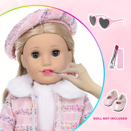 18 Inch Doll Knitted Clothes Outfit Set with Hat Jacket Skirt Shoes Socks Sunglasses Lipstick
