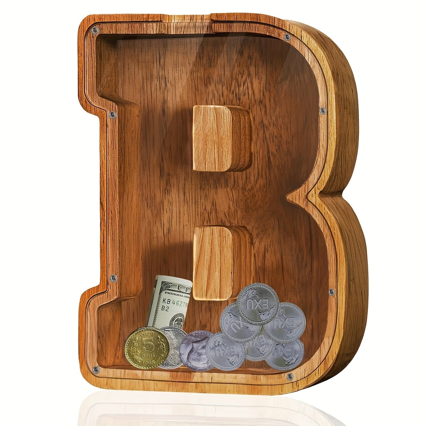 Personalized Wooden Piggy Bank for Kids – A-Z Alphabet Letter Initial Coin & Bill Savings Bank for Boys & Girls