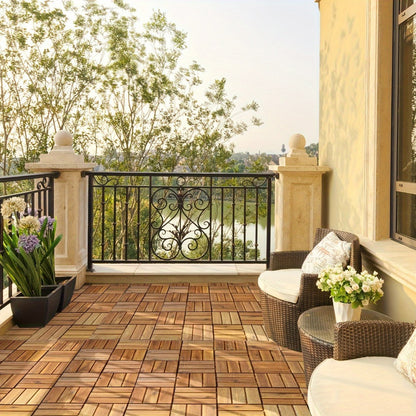 Interlocking Acacia Wood Deck Tiles 27-Pack – 12x12 Inch Oil-Finished Slat Tiles, Covers 27 Sq Ft, Tool-Free Install, for Patio, Balcony