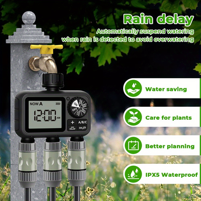 3-Zone Sprinkler Timer with Auto/Manual/Rain Delay Modes, Programmable Garden Hose Irrigation Controller